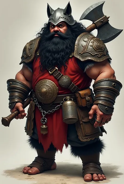 A dwarf with a calm look, long black curly hair, a robust beard that reaches down to his chest wears a helmet in the shape of a wolf, wears armor that mixes medieval and Japanese. He has a large axe on his back and on his waist he has small bags and an iro...