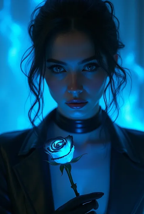 A picture of an extremely beautiful woman, with very blue eyes, small nose, labios carnosos very beautiful, with a black leather suit, surrounded by a blue fire, and a black rose in her hand, very beautiful, phosphorescent blue light 