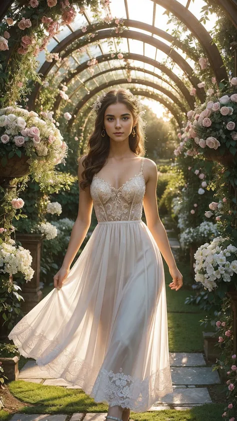 (photograph of a detailed beautiful 18-year old woman with ((facial and body characteristics that is similar to eleonora pavinato))), (), ((Enchanted Garden Romance: Theme: Lost in a fairytale garden of love. Clothing: Ethereal and flowy dresses, floral ac...