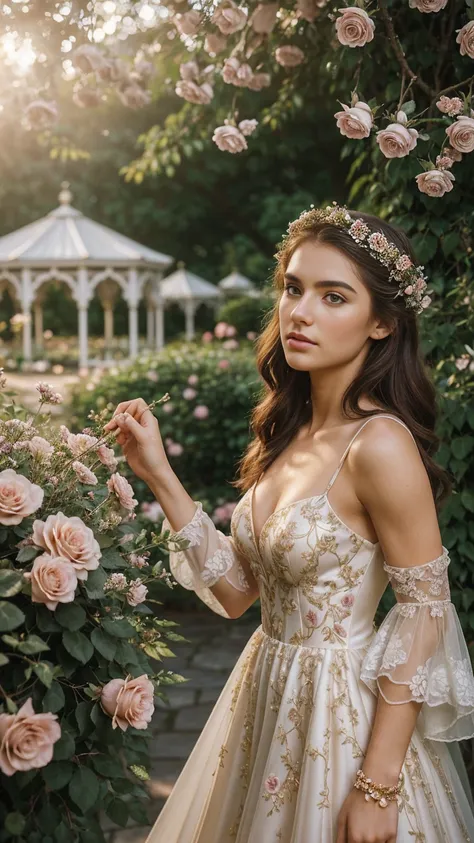 (photograph of a detailed beautiful 18-year old woman with ((facial and body characteristics that is similar to eleonora pavinato))), (), ((Enchanted Garden Romance: Theme: Lost in a fairytale garden of love. Clothing: Ethereal and flowy dresses, floral ac...