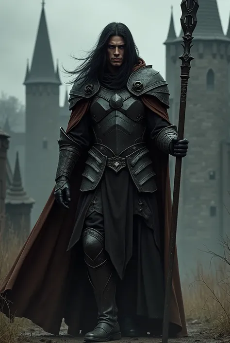 Generate a male who looks like Ronnie Radke. He has long black hair. He wears black and grey armor with a long brown cloak and hood. He holds a lance with a wide blade. Dark castle in background. Dark fantasy style. Realistic digital drawn image.