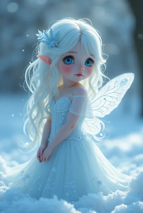 An ice fairy, skin and hair white as snow, small, light blue eyes with lips blue from the cold