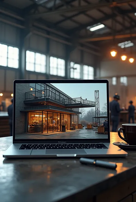 Laptop screen shot showing 3d design of iron frame cafe. Beside the laptop there is a vape and a coffee cup.. Behind the laptop there are several welders welding iron fences and canopies in a large warehouse with lots of iron..