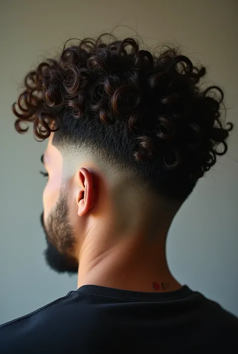 create two photos of a man from behind without showing his face with a low fade haircut with curly hair, a color photo that makes the photo look real