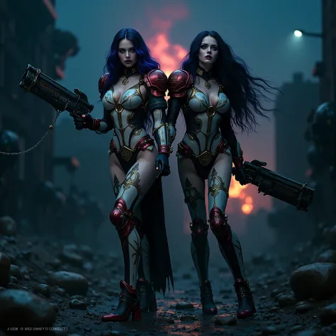 Masterpiece, Best Quality, Official Art, (Highly Detailed CG Unity 8k wallpaper), Detailed background, (Hands by Guido Daniele: 1.1). Full body pose sexy sisters of battle from the warhammer 40k, shooting at the enemy, white armor with intricate details, r...