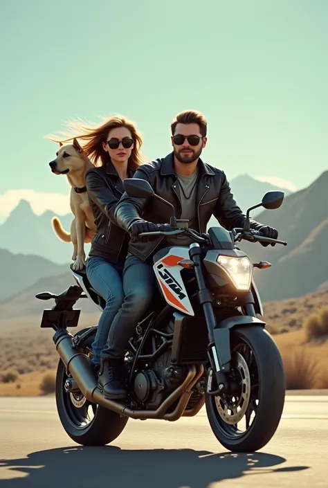 Biker couple with a beige dog in between on a KTM 1390 horizontal