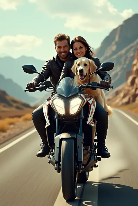 Biker couple with a beige dog in between on a KTM 1390 horizontal