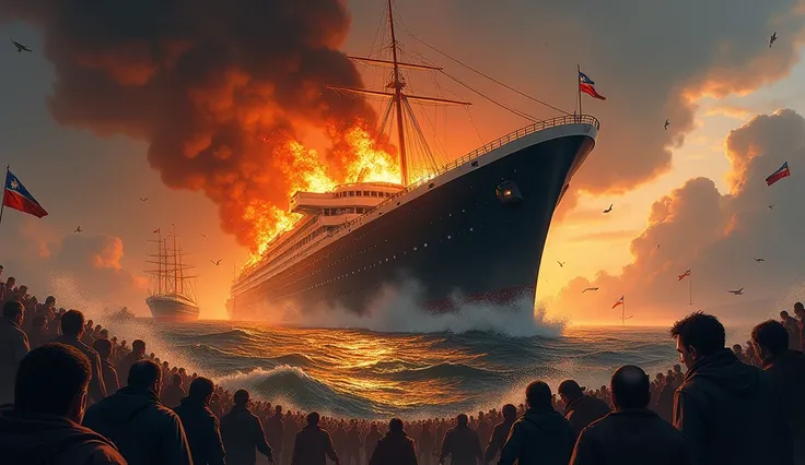 sinking of a large ship on fire and many people around 