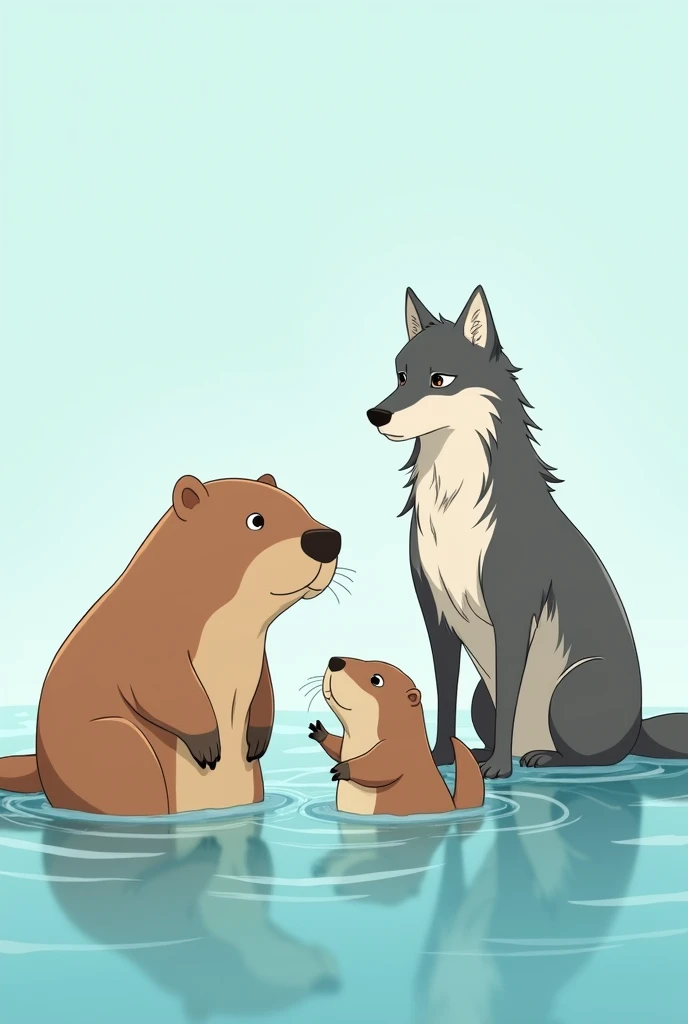 A capybara, an otter and a wolf together form an anime and with a light blue background
