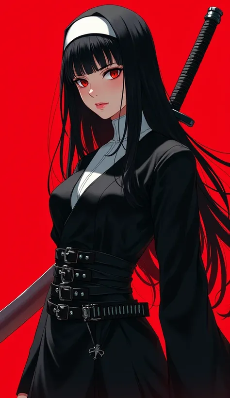 ((Sydney Sweeney)) Create a striking anime-style illustration of a lethal ninja nun. The character should be a young woman with long, jet-black hair and straight bangs, framing a face with piercing red eyes and slightly parted lips. Her expression should c...