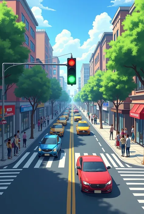 an animation of a street with a traffic light on green, with cars passing by and no people on the street, only people on the sidewalk waiting to cross the street.