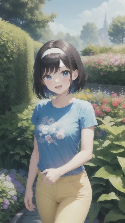 1girl, black hair, blue eyes, pale skin, powder blue t shirt, puffy short slevees, yellow pants, short hair, smiling, floral pri...