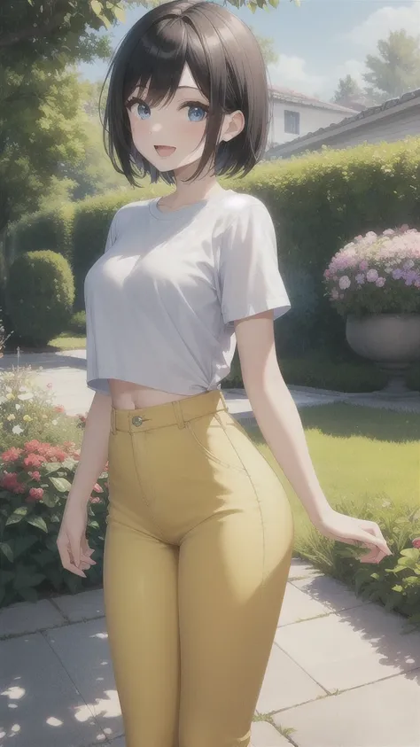 1girl, black hair, blue eyes, pale skin, powder blue t shirt, puffy short slevees, yellow pants, short hair, smiling, floral print, open mouth, garden, outdoors, head band, standing, Masterpece, looking at the viewers,  cowboy shot, ,looking at veiewers, 4...