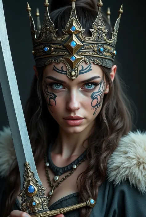 Viking warrior close-up,3, sword on display, Woman, blue eye with lightning, big queen crown on the head , tribal tattoo on face, Angry, necklace on the neck