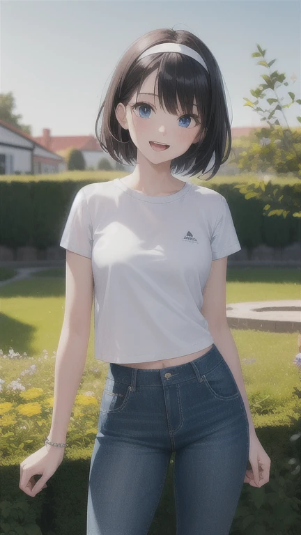 1girl, black hair, blue eyes, pale skin, powder blue t shirt, puffy short slevees, yellow pants, short hair, smiling, floral pri...