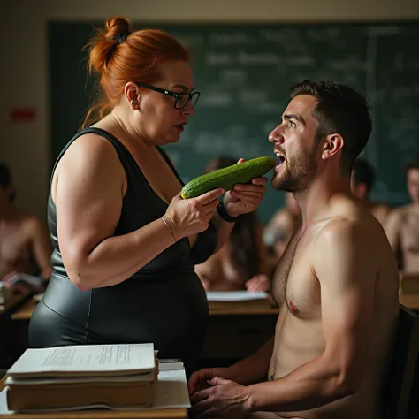 NSFW, XXX image, exposed huge boobs, realistic photo with a couple: femdom governess training her male 18yo slave; 1woman, 65yo sexy plumper aged woman, wrinkled, double chin, chubby, closed mouth, standing up tall threatening pushing a big cucumber deep i...