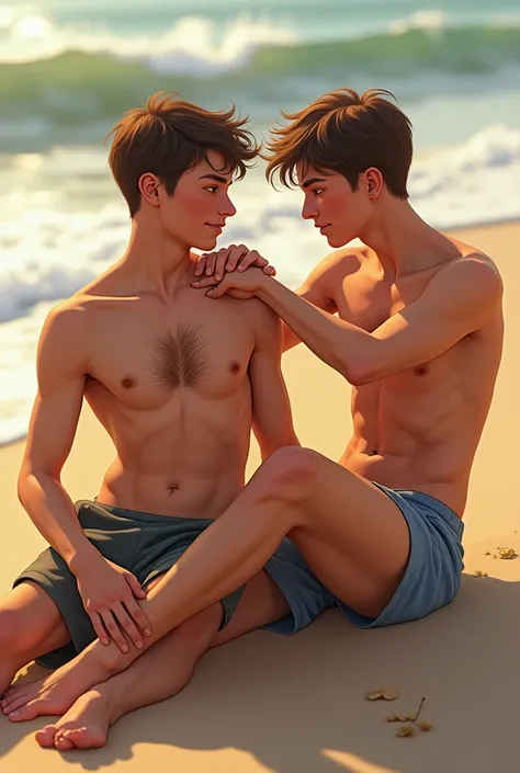 Hairy chest teenagers help each other stretching, one sitting on another one lap, both were lying at the beach