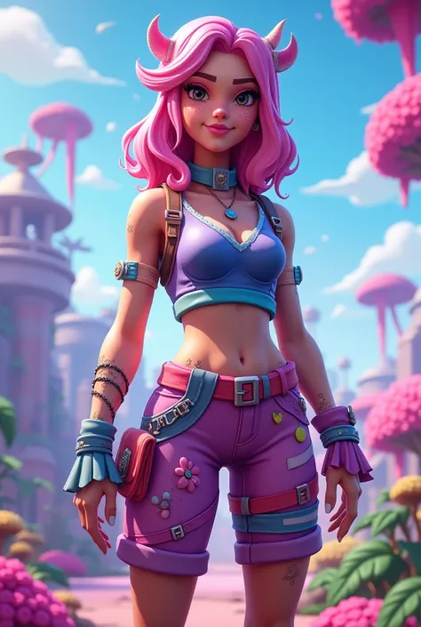 Fortnite concept skin: girly, pink,blue,purple. Young, fair skin, freckled face