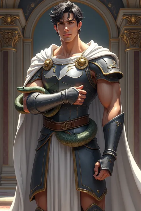 Greek king, de 25 anos, with gray armor, clothes and white cape, with a pet snake wrapped around his arm, ((anime styling)), 