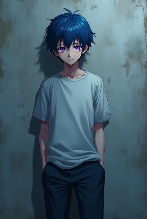 blue hair with purple eyes anime boy leaning against a wall, hands in 
pockets, not happy