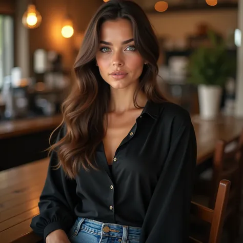 beautiful young woman, straight brown hair, green eyes, natural breasts, wide hips, perfect hands, high quality, realistic, professional, black blouse and denim skirt, in a coffee shop