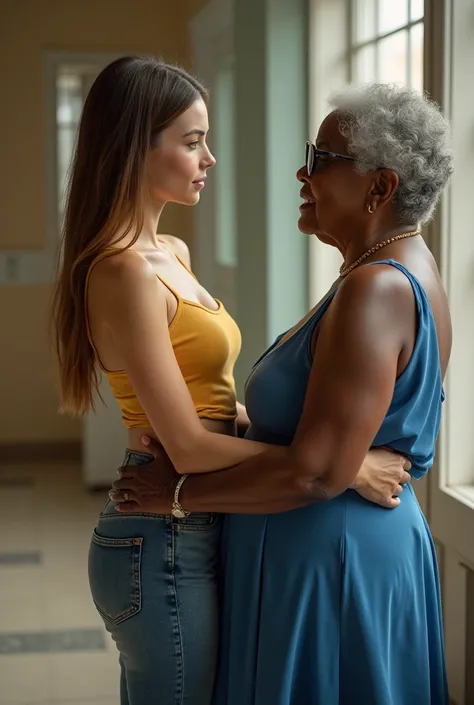 Create a photo of a 30 year old young woman, with a slender and beautiful body, wearing a yellow low-cut tank top and jeans, with white and clear skin, with long light brown hair and has her back to the camera as she is lifted high up by her butt by an obe...