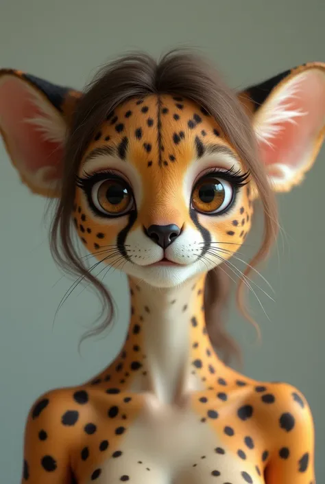 one girl, cheetah ears, , pure, cute naked, topless, a Woman cheetah mix, human Body, big tits, furry and skin, (((whiskers))) big eyes, cheetah fur, bambi eyes, hybride 30 % cheetah and 70 % human, face mostly woman,  ,short hair, fur instead of skin at B...