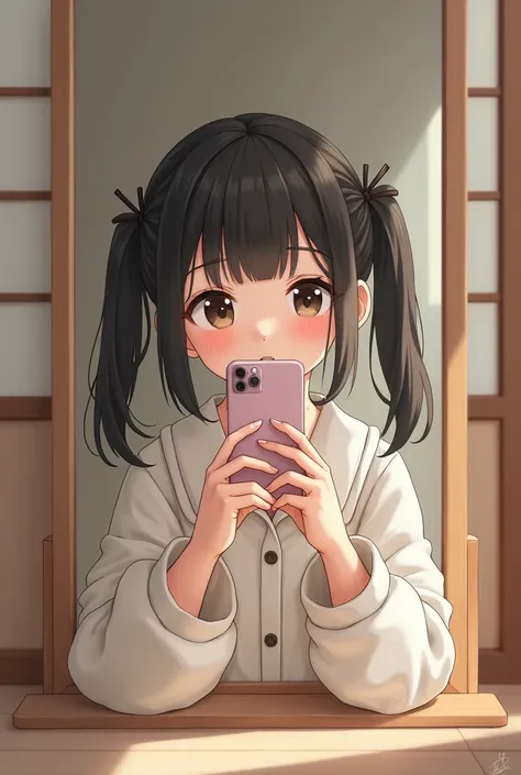 a cute girl taking a selfie in front of a mirror, cute, jirai kei, jiraikei, japanese fashion, black cute ponytails, sweet, hyperrealistic