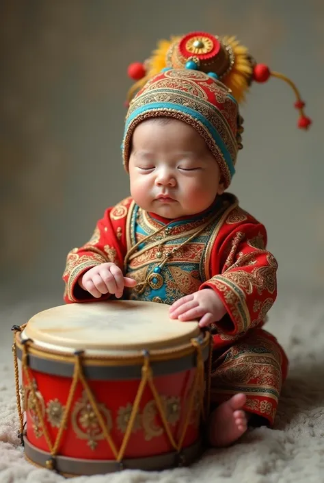 Newborn dressed as a band member playing an oriental drum, realistic like real life