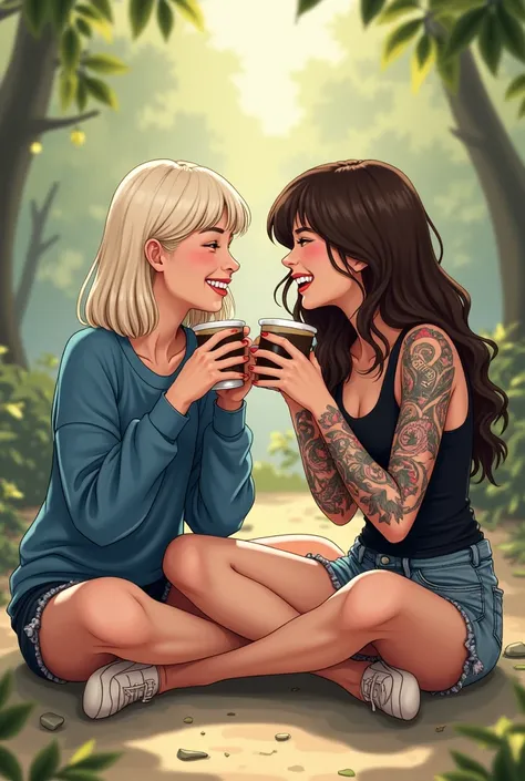 Une illustration de deux filles en train de rire ensemble assises en tailleur dans la nature. They are drinking coffee. The first girl has platinum blonde hair with a very straight shoulder length bob and a blue sweater.. The second girl has very long brow...