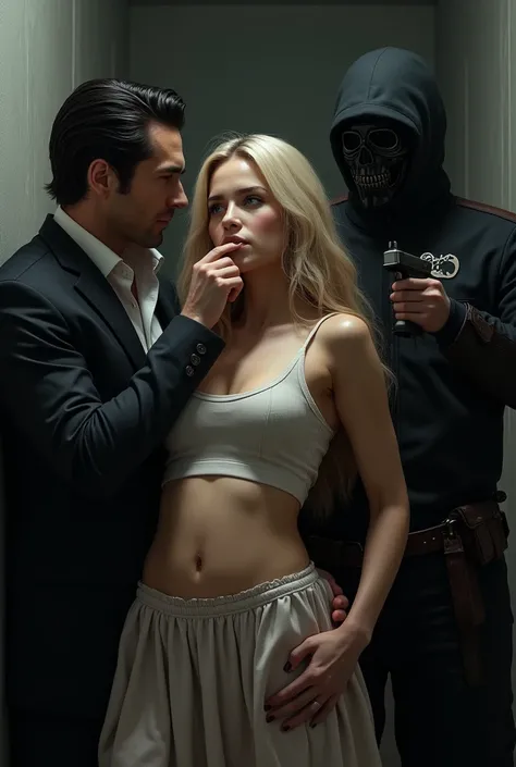 It will generate for me a man with black hair who is holding a beautiful girl with very long blond hair and blue eyes by the belly. He holds his hand over her mouth so she can&#39;t talk and on the left stands a guy in a mask with a stun gun in his hand.