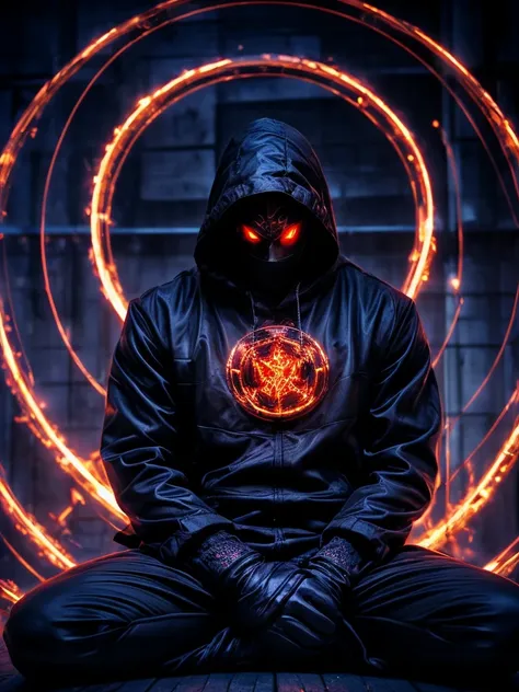 A shadowy character wearing a dark hooded jacket and a face covered by a glowing mask with a terrifying pattern of red eyes and a sinister smile in the form of glowing white stitching.. He is sitting in a relaxed manner in front of a metal fence, with a ca...