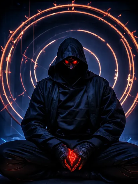 A shadowy character wearing a dark hooded jacket and a face covered by a glowing mask with a terrifying pattern of red eyes and a sinister smile in the form of glowing white stitching.. He is sitting in a relaxed manner in front of a metal fence, with a ca...