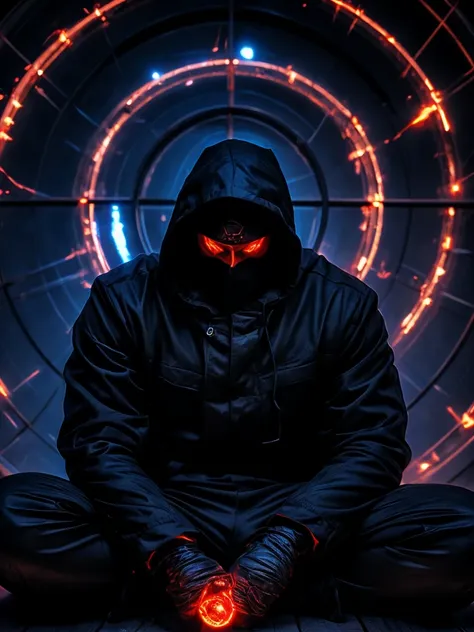 a shadowy character wearing a dark hooded jacket and a face covered by a glowing mask with a terrifying pattern of red eyes and ...