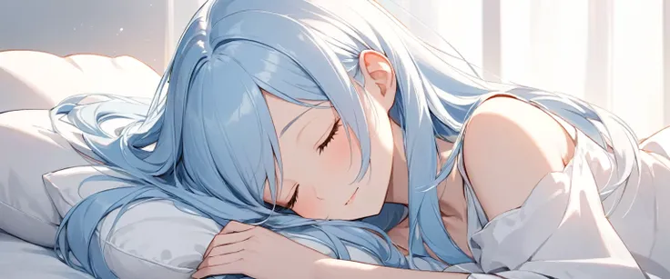 Minimalist style: pillow on your arms, close your eyes and relax, showing a romantic, relaxed and elegant beauty,(((( light blue long hair)))),, 1 girl ,tiny 1girl ,yung