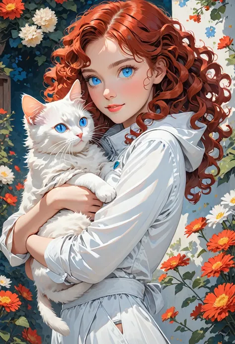 Young woman with curly red hair and blue eyes wearing a white outfit holding a cat in her arms