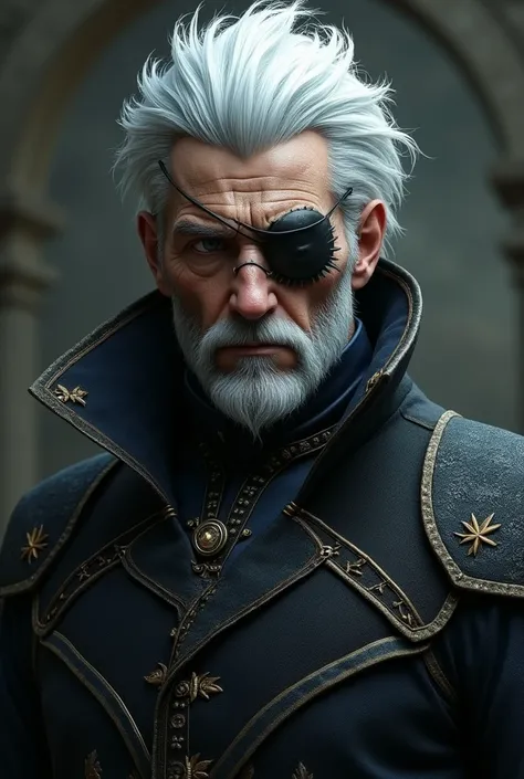 White haired male character wearing an eye patch over one eye wearing a Dark fantasy RPG overcoat