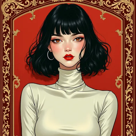 full body portrait of a pale girl with black hair and red lips wearing a tight white turtleneck in a shiny fabric, ornate red background, detailed illustration, style of moebius