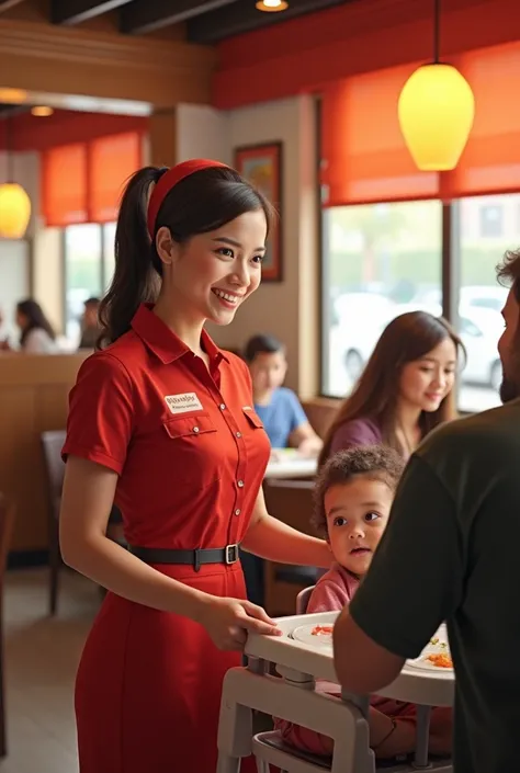 Nandos restaurant waitress giving high chair to customers