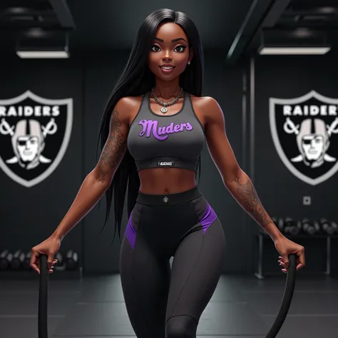 a dark afrcian American female, dimples, braces, extremely long medium messy black straight hair with perfect slicked edges, butterfly arm tattoo,, with a chain that says “Dynasty” , wearing a grey and black and purple workout outfit that says Raiders, ins...