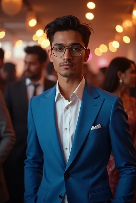 21 yr old Indian boy with narrow body wearing clubmaster metal frame spect nd fair skin wearing formal sky-blue suit for party with tappred hair cut

 
