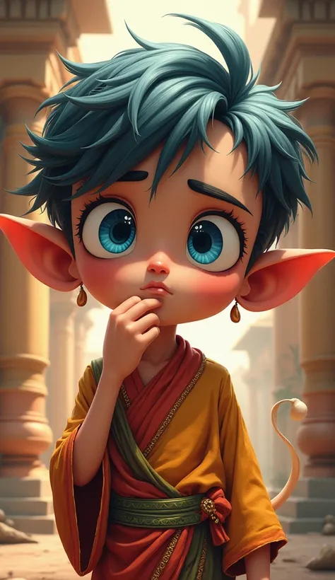 (India Animation:1.2),2D,Detailed outlines,Top quality, best picture quality,(Amazingly absurd:1.2),(Masterpiece:1.2),break,(slant eyes), short hair,boyish,Blue eyes,bashful,break,claw pose,droopy boy ears