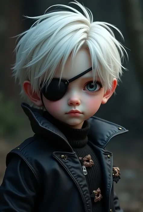 Male character of about 2 with white hair wearing an eye patch on one eye wearing a Dark fantasy RPG overcoat