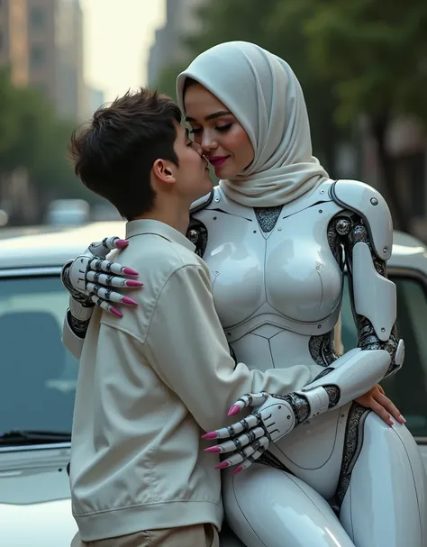 female robot wearing a hijab, big breasts, pink lips, white body, robot arms, long nails, smiling expression, holding and kissing teenage boy on the car