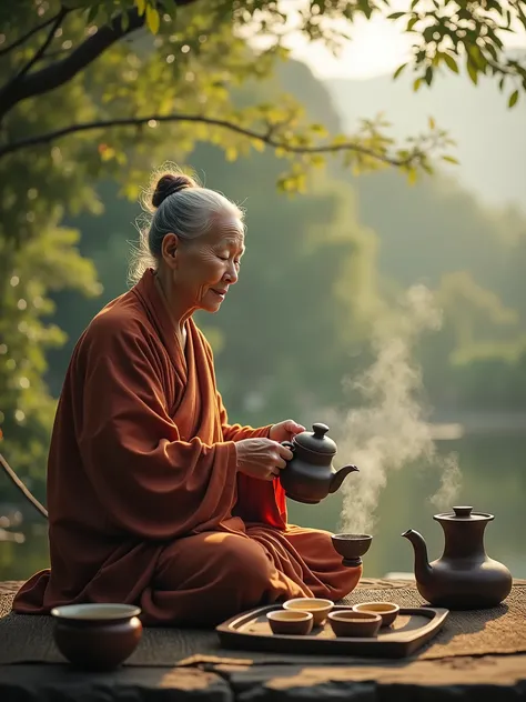 In a tranquil outdoor setting, A warm, elderly Buddhist woman pours warm water from a kettle into her cup. The scene captures the warmth of the sun and the serenity of nature as she continues her lesson on the correct type of water to drink. Her consistent...