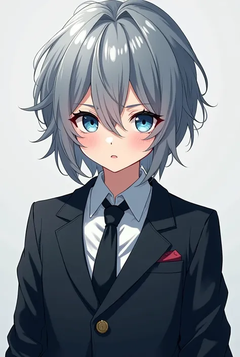 I want you to create a semi-realistic male anime character around 2 with dark silver hair, snow blue eyes, Medium short long hair combed and with a suit twisted up, 