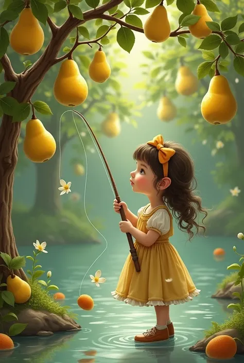 A girl is fishing for pears