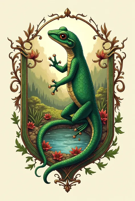 Un blason dans un style de dessin dont lanimal totem est  une grenouille et non un lézards 