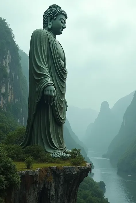 Ancient giant statue of Buddha, on the edge of a cliff by the river, rusted by humidity and grass; it is covered by natural grass from the field, and has part of the fingers and toes broken; its nose has been broken by the erosion of time; part of its eyes...