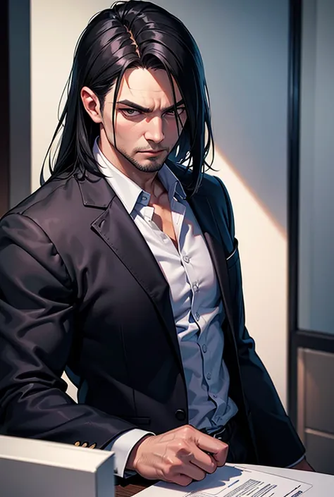 (photorealism:1.2) +  adult man + black slightly tousled hair + black deep eyes  + shirt + suit jacket+ muscles + serious look + an adult male face